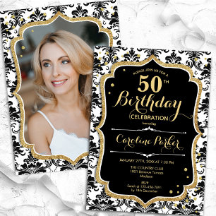 Elegant Black White Gold Photo 50th Birthday Invitation