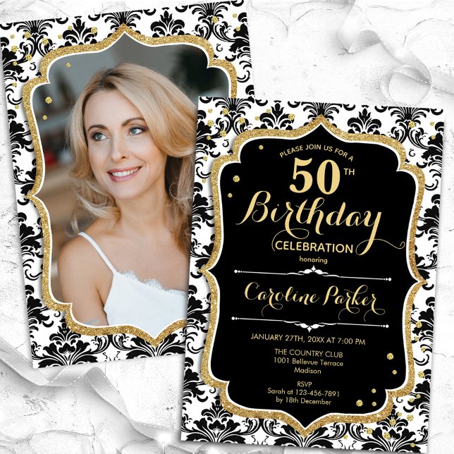 Elegant Black White Gold Photo 50th Birthday Invitation (Creator Uploaded)