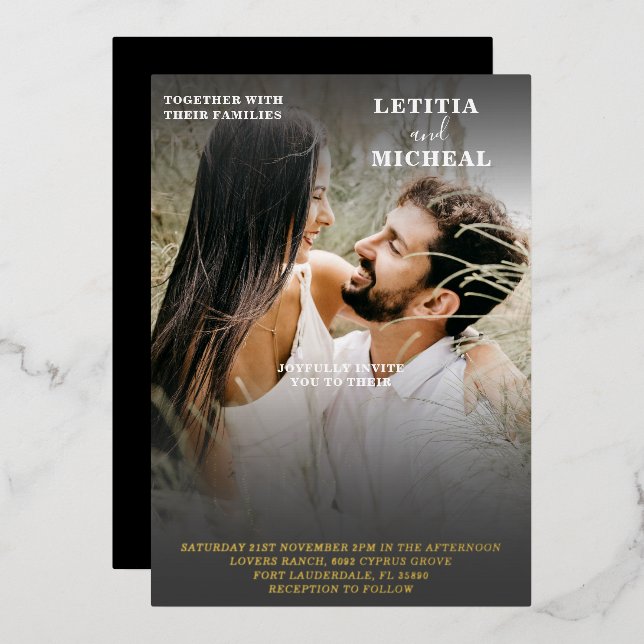 Elegant Black White & Gold Photo Wedding  Foil Inv Foil Invitation (Front/Back)