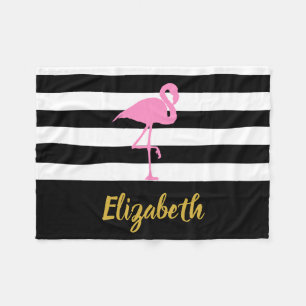 Elegant Black White Gold Pink Flamingo Script Name Fleece Blanket