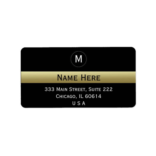 Elegant Black White Gold Ribbon Initial Monogram Label (Front)