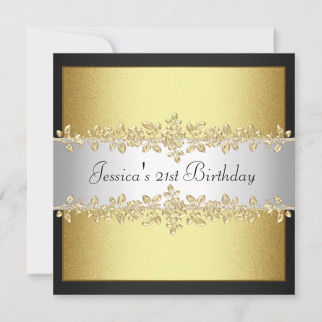 Elegant Black & White Gold Roses Birthday Party Invitation (Front)