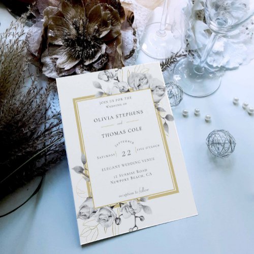 Elegant Black White Gold Rustic Floral Wedding Invitation