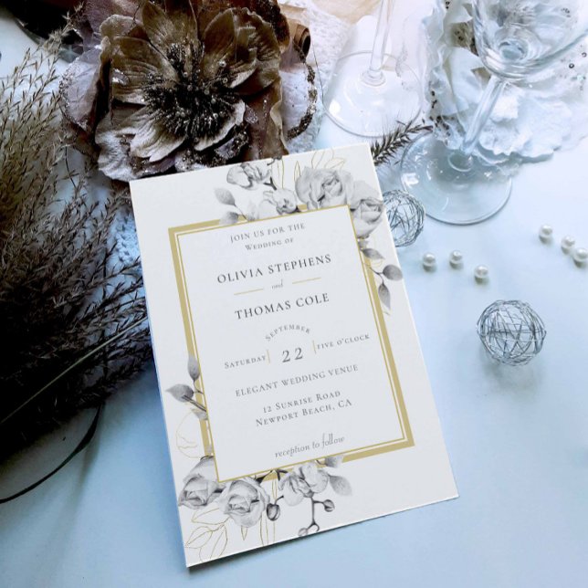 Elegant Black White Gold Rustic Floral Wedding Invitation (Creator Uploaded)
