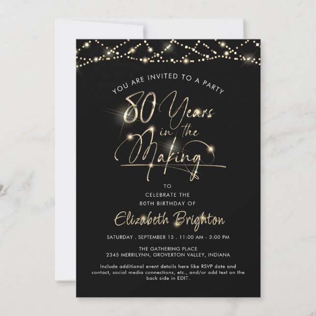 Elegant Black White Gold Script 80th Birthday Invitation (Front)