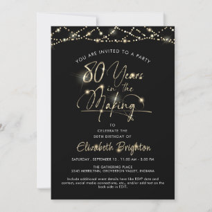 Elegant Black White Gold Script 80th Birthday Invitation