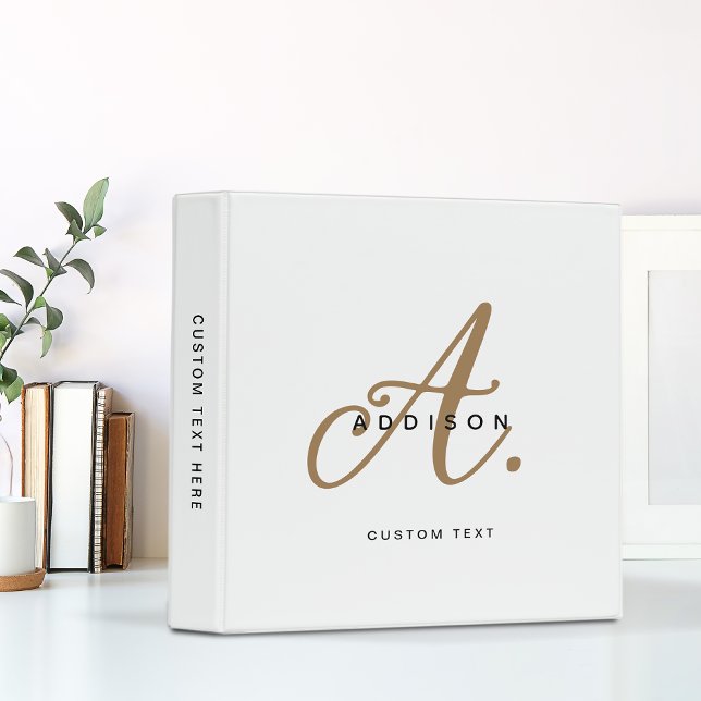 Elegant Black White Gold Script Monogram 3 Ring Binder (Creator Uploaded)