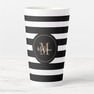 Elegant Black White Gold Script Monogram Latte Mug