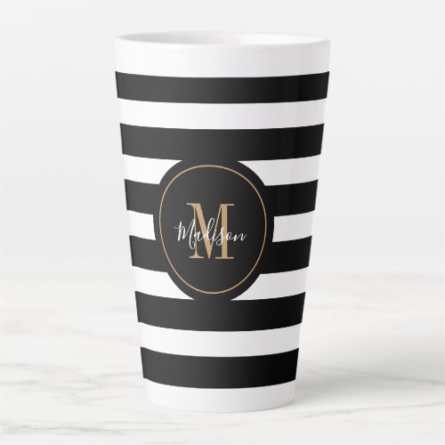 Elegant Black White Gold Script Monogram Latte Mug
