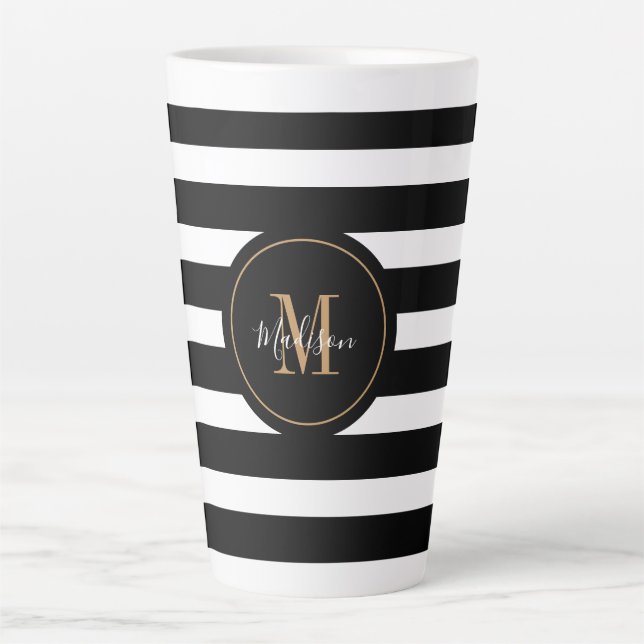 Elegant Black White Gold Script Monogram Latte Mug (Front)