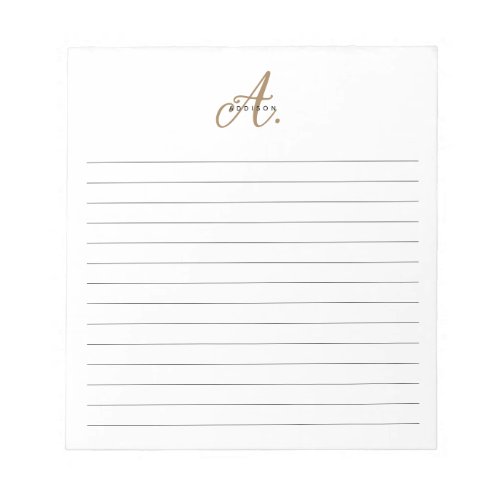 Elegant Black White Gold Script Monogram Lined Notepad