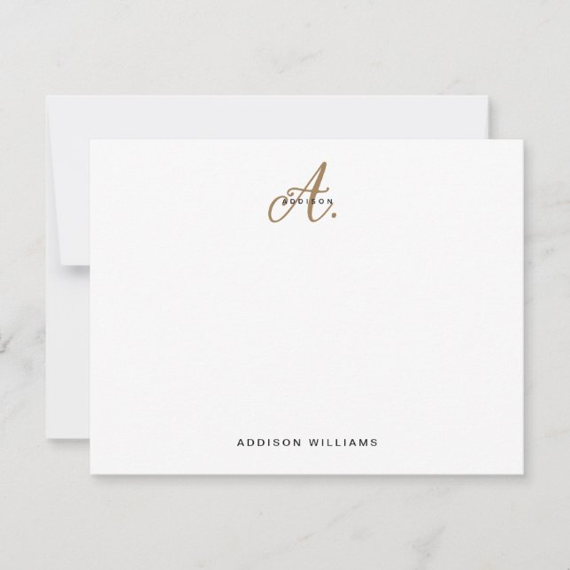 Elegant Black White Gold Script Monogram Note Card (Front)