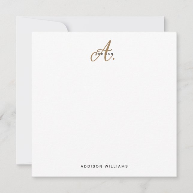 Elegant Black White Gold Script Monogram Note Card (Front)