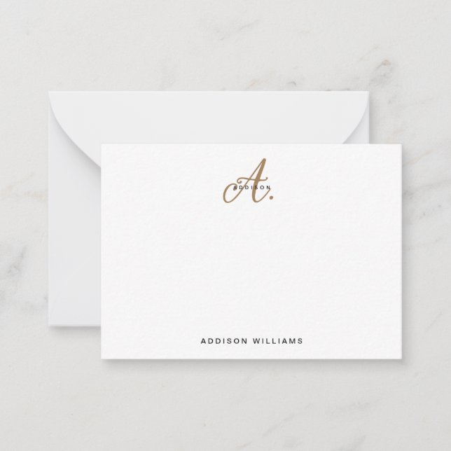 Elegant Black White Gold Script Monogram Note Card (Front)