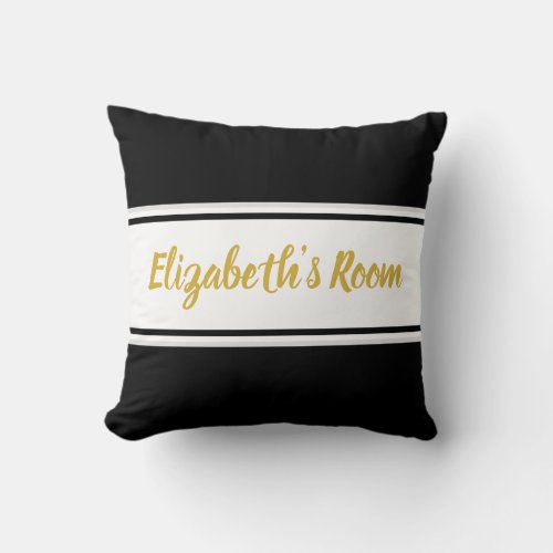 Elegant Black White Gold Script Name Template Throw Pillow