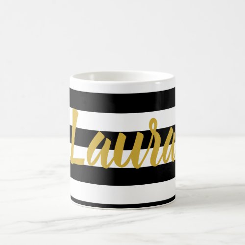 Elegant Black White Gold Script Name with Stripes Coffee Mug