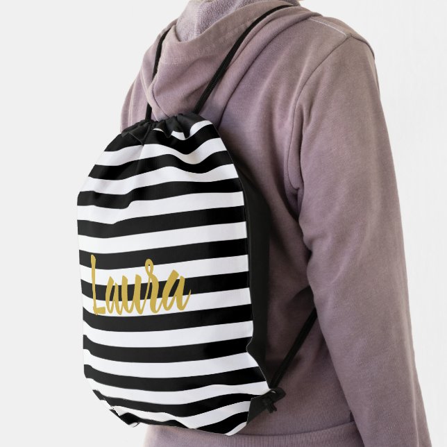 Elegant Black White Gold Script Name with Stripes Drawstring Bag (Insitu)