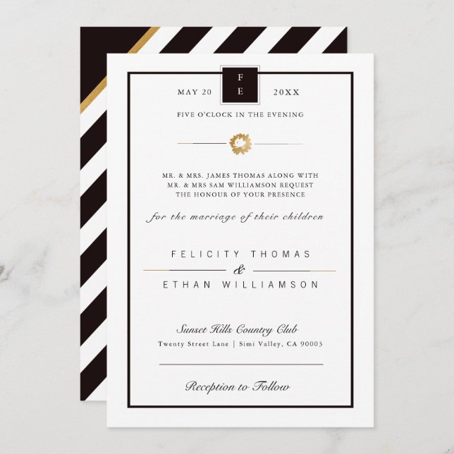 Elegant Black White Gold Stripe Wedding Invitation (Front/Back)