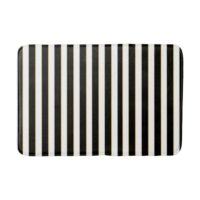 Elegant Black, White & Gold Striped Bath Mat (Front)