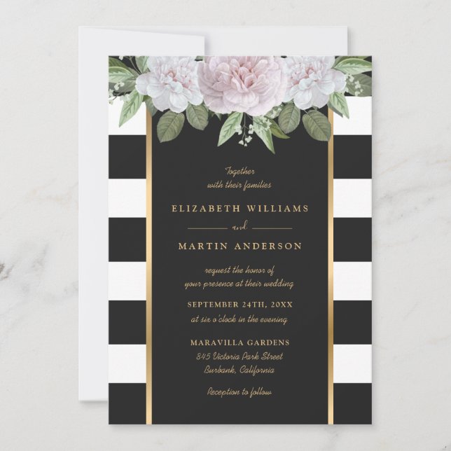 Elegant Black White Gold Striped Blush Pink Floral Invitation (Front)