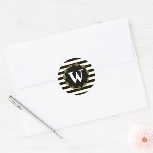 Elegant Black White Gold Stripes Wreath Monogram Classic Round Sticker