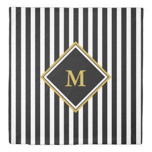 Elegant Black White Gold Vertical Stripes Monogram Duvet Cover