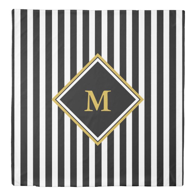 Elegant Black White Gold Vertical Stripes Monogram Duvet Cover (Front)