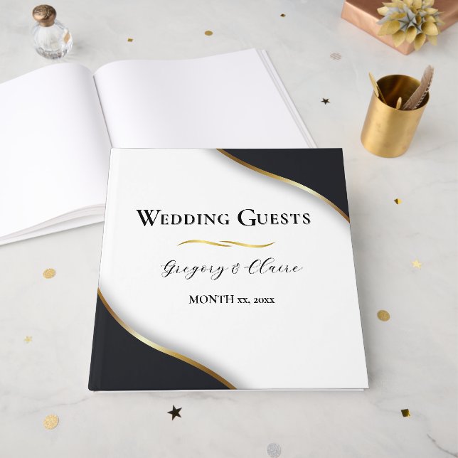 Elegant Black White Gold Wedding Guest Book (Front Open)