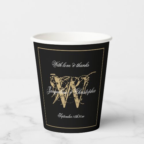 Elegant Black White Gold Wedding Monogram Name  Paper Cups