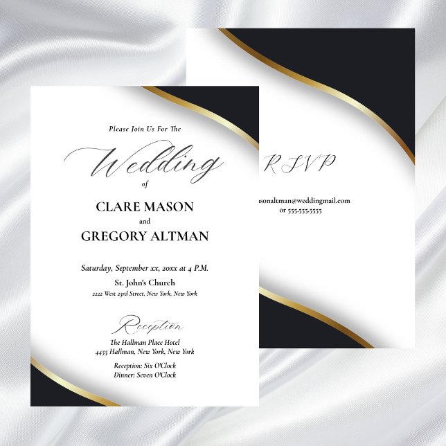Elegant Black White Gold Wedding with RSVP Invitation (Elegant Black White Gold Wedding Invitation)