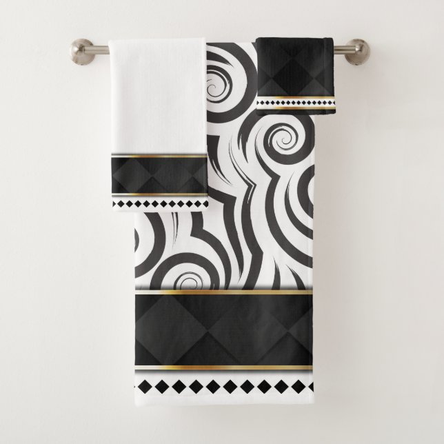Elegant Black, White & Gold with Swirls  Bath Towel Set (Insitu)