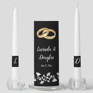 Elegant Black White & Gold with Wedding Rings Unity Candle Set