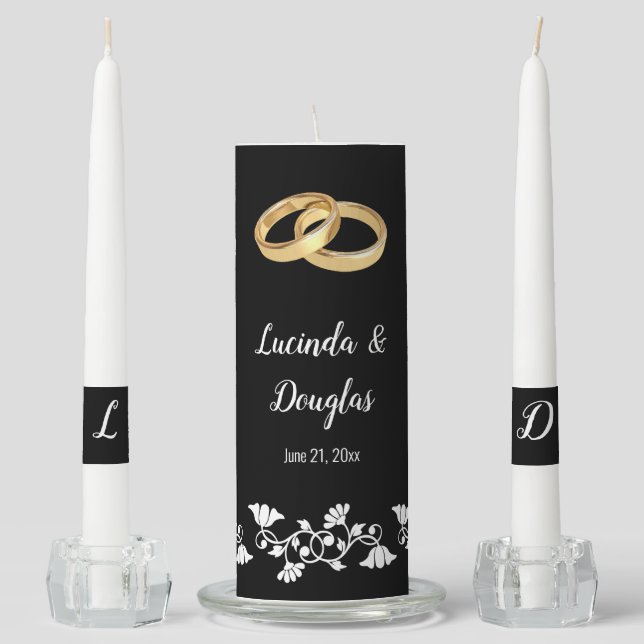 Elegant Black White & Gold with Wedding Rings Unity Candle Set (Front)