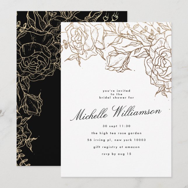 Elegant Black White Gold Wreath Bridal Shower Invitation (Front/Back)