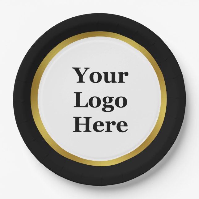 Elegant Black White Gold Your Logo Here Template Paper Plates (Front)