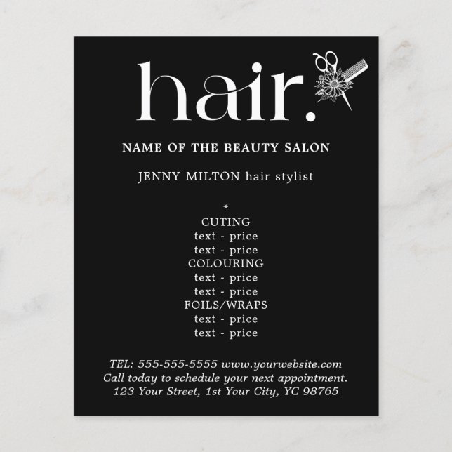 Elegant Black White Golden Scissors Hair Menu Flyer (Front)