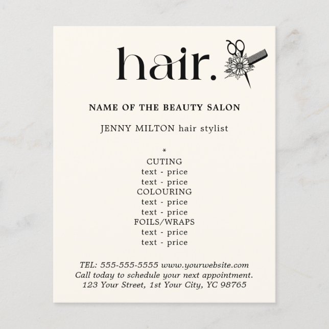 Elegant Black White Golden Scissors Hair Menu Flyer (Front)