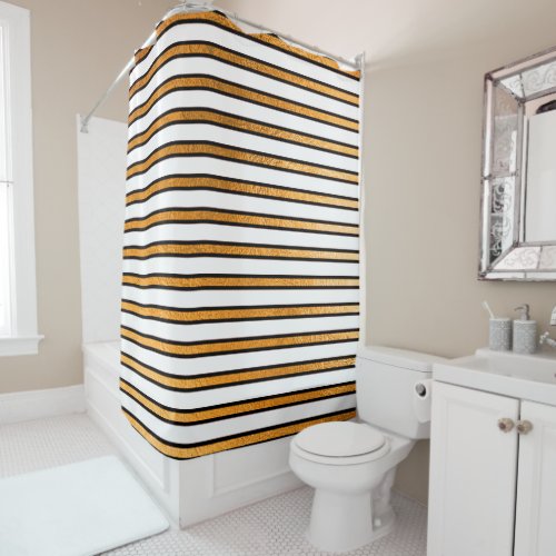 Elegant Black White Golden Stripes Lines Minimal Shower Curtain