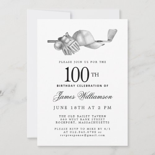 Elegant Black White Golf 100th Birthday Party  Invitation