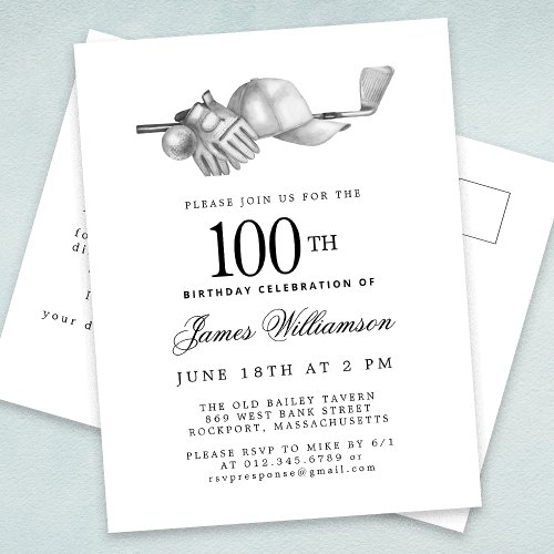 Elegant Black White Golf 100th Birthday Party  Invitation Postcard