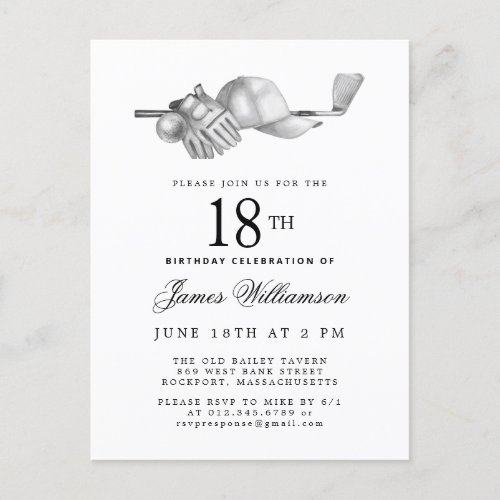 Elegant Black White Golf 18th Birthday Party  Invitation Postcard