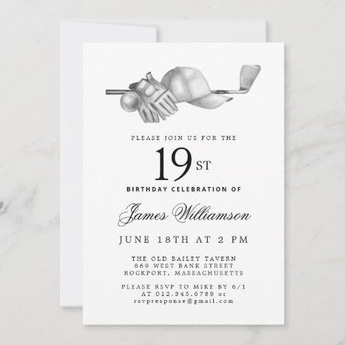Elegant Black White Golf 19th Birthday Party  Invitation