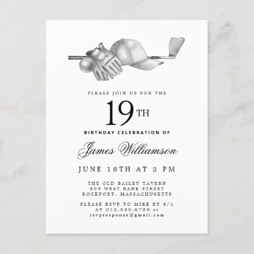 Elegant Black White Golf 19th Birthday Party  Invitation Postcard