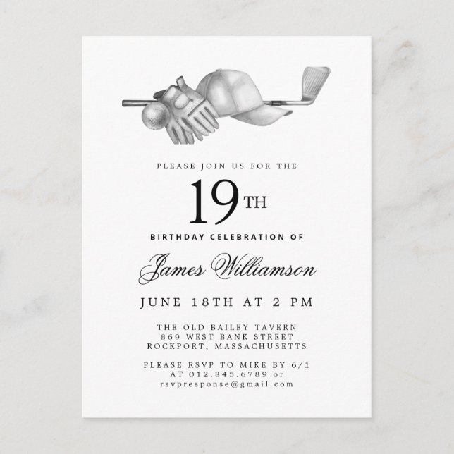 Elegant Black White Golf 19th Birthday Party  Invitation Postcard (Front)