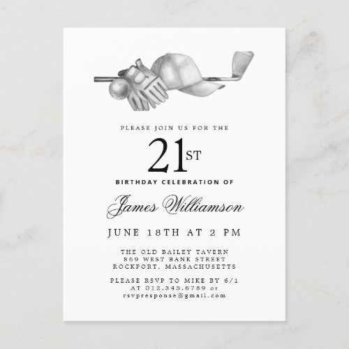 Elegant Black White Golf 21st Birthday Party  Invitation Postcard