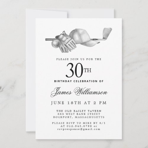Elegant Black White Golf 30th Birthday Party  Invitation