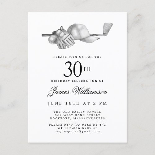 Elegant Black White Golf 30th Birthday Party  Invitation Postcard