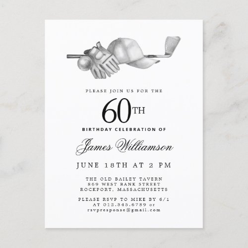 Elegant Black White Golf 60th Birthday Party  Invitation Postcard