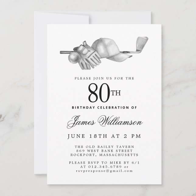 Elegant Black White Golf 80th Birthday Party  Invitation (Front)