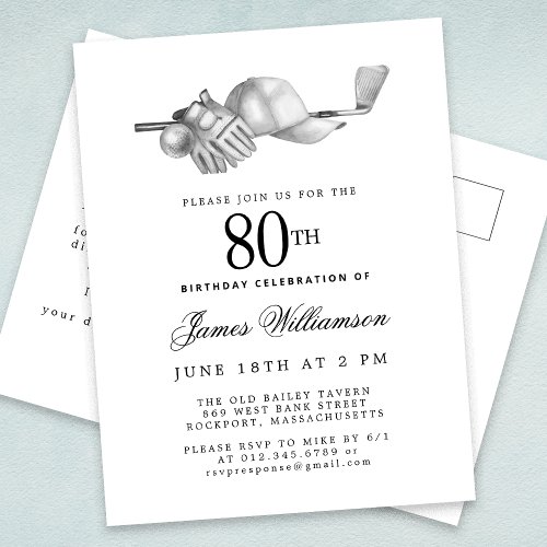 Elegant Black White Golf 80th Birthday Party  Invitation Postcard